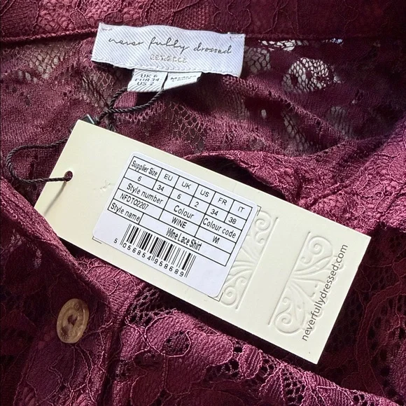 NWT Wine Lace Button Down Shirt with Slip by Never Fully Dressed - Picture 4 of 5